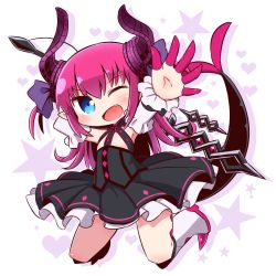 Rule 34 | 10s, 1girl, ;d, asymmetrical horns, black dress, blue eyes, blush, boots, chibi, commentary request, curled horns, detached sleeves, dragon girl, dragon horns, dragon tail, dress, elizabeth bathory (fate), elizabeth bathory (fate/extra ccc), elizabeth bathory (first ascension) (fate), fang, fate/extra, fate/extra ccc, fate (series), full body, hair between eyes, hair ribbon, head tilt, heart, highres, horns, knee boots, long hair, long sleeves, looking at viewer, naga u, one eye closed, open mouth, outstretched arm, pointy ears, purple ribbon, ribbon, shadow, smile, solo, spiked boots, spikes, star (symbol), tail, tail raised, two side up, uneven horns, very long hair, white background, white footwear