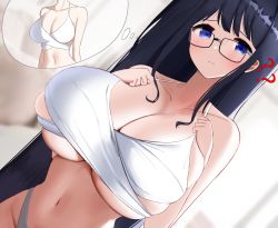 Rule 34 | 1girl, ?, ??, absurdres, bikini, black hair, blue eyes, breast suppress, breasts, cleavage, closed mouth, collarbone, dutch angle, groin, halterneck, halterneck, head tilt, highleg, highleg bikini, highres, huge breasts, inconvenient breasts, long hair, looking at viewer, navel, nicorima, original, sidelocks, skindentation, solo, swimsuit, thought bubble, underboob, undersized clothes, upper body, very long hair, white bikini