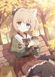 Rule 34 | 1girl, ahoge, animal, animal ear fluff, animal ears, ascot, autumn, autumn leaves, bag, bench, black cat, blue eyes, blush, bow, brown hair, cat, cat ears, cat girl, checkered clothes, checkered skirt, commission, cup, disposable coffee cup, disposable cup, dutch angle, hair bobbles, hair bow, hair ornament, heterochromia, highres, long sleeves, looking at viewer, original, outdoors, pantyhose, park, park bench, red eyes, shopping bag, short twintails, sidelocks, sitting, skeb commission, skirt, smile, solo, twintails, tyomimas, variant set