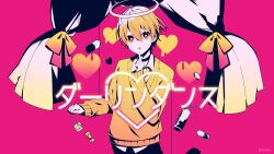 Rule 34 | 1boy, artist name, black pants, bow, can, candy, coin, collared shirt, commentary, copyright name, curtains, darling dance (vocaloid), drink, drinking straw, finger to mouth, floating, floating object, food, gradient bow, hair between eyes, halo, heart, heart-shaped pupils, heart-shaped lollipop, index finger raised, lollipop, long bangs, long sleeves, male focus, multicolored bow, orange bow, orange eyes, orange hair, orange sweater, oversized object, pants, parted lips, pill, pink background, pink bow, pink theme, ramio3 2, root (stpri), shaped lollipop, shirt, short hair, simple background, solo, song name, strawberry prince, sweater, symbol-shaped pupils, tears, upper body, upturned eyes, vocaloid, white shirt, yellow bow