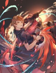 Rule 34 | 1boy, armored boots, black gloves, black shirt, boots, bracelet, brown eyes, brown hair, cropped shirt, feathers, firedancer&#039;s roseplume (granblue fantasy), gloves, gran (granblue fantasy), granblue fantasy, grey pants, holding, holding sword, holding weapon, jewelry, knee pads, looking at another, male focus, multicolored hair, necklace, official alternate costume, pants, red hair, shirt, short hair, single glove, solo, soysae, sword, two-tone hair, weapon