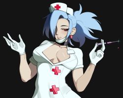 Rule 34 | 1girl, absurdres, black background, blue hair, breasts, choker, cleavage, earrings, gloves, hat, highres, jewelry, latex, latex gloves, mask, mask around neck, nurse cap, ponytail, porqueloin, red eyes, scar, scar on face, scar on lips, scar on mouth, skullgirls, smile, solo, syringe, upper body, valentine (skullgirls)