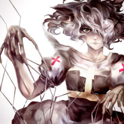 Rule 34 | 1girl, androgynous, animal ears, cat ears, curly hair, doctor blythe, dollyly21, dress, fingernails, fusion, hair over one eye, hunter x hunter, long fingernails, looking at viewer, neferpitou, nurse, puffy short sleeves, puffy sleeves, short hair, short sleeves, simple background, slit pupils, solo, stitched mouth, stitches, upper body, white background, white hair, wings, yellow eyes