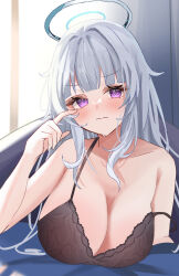 Rule 34 | 1girl, bare shoulders, blanket, blue archive, blush, bra, breasts, cleavage, collarbone, grey hair, halo, highres, huge breasts, lace, lace-trimmed bra, lace trim, large breasts, long hair, looking at viewer, noa (blue archive), purple eyes, sidelocks, solo, underwear, very long hair, yomi 46neko