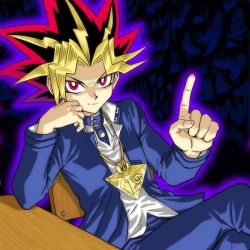 Rule 34 | 1boy, aura, facial mark, jacket, jewelry, male focus, millennium puzzle, multicolored hair, necklace, open clothes, open jacket, red eyes, rope, smile, smirk, solo, spiked hair, yami yugi, yu-gi-oh!, yu-gi-oh! (toei), yuu-gi-ou, yu-gi-oh! duel monsters