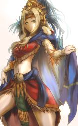 Rule 34 | 1girl, absurdres, arm guards, blonde hair, blue cape, blue feathers, bracer, breasts, cape, commentary request, cowboy shot, fate/grand order, fate (series), feathers, fringe trim, gem, green eyes, green gemstone, grin, headband, headdress, highres, jewelry, long hair, looking at viewer, medium breasts, midriff, navel, parted lips, quetzalcoatl (fate), shirokuma1414, simple background, smile, solo, standing, stomach, white background