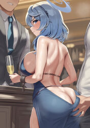 Rule 34 | 1girl, 2boys, absurdres, ako (blue archive), ako (dress) (blue archive), alcohol, ass, ass grab, back, backless dress, backless outfit, bare arms, bare shoulders, blue archive, blue dress, blue eyes, blue hair, blue halo, blue necktie, blurry, blurry background, blush, breasts, butt crack, champagne, closed mouth, collared shirt, commentary, cup, dress, from behind, frown, halo, highres, holding, holding cup, large breasts, looking back, medium hair, multiple boys, necktie, official alternate costume, onedoo, shirt, solo focus, symbol-only commentary, white shirt