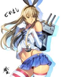 Rule 34 | 10s, 1girl, anchor, black panties, blonde hair, crop top, crop top overhang, elbow gloves, flat chest, gloves, hair ornament, hairband, highleg, highleg panties, homare (fool&#039;s art), kantai collection, long hair, looking at viewer, midriff, miniskirt, navel, panties, personification, rensouhou-chan, shimakaze (kancolle), skindentation, skirt, solo, striped clothes, striped thighhighs, thighhighs, underwear, white gloves