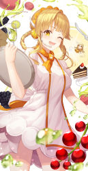 Rule 34 | 1girl, :d, absurdres, bang dream!, blonde hair, cake, cherry, chibi, chibi inset, cowboy shot, cup, dress, drinking glass, drinking straw, fang, food, fork, fruit, grapes, hair ornament, hair rings, headband, headphones, hello happy world!, highres, holding, lime (fruit), lime slice, long hair, looking at viewer, one eye closed, open mouth, plate, sidelocks, smile, solo, ssalgolae, tray, tsurumaki kokoro, white dress, yellow eyes, yellow neckwear