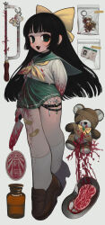 Rule 34 | 1girl, absurdres, arm behind back, bandaid, bandaid on leg, black hair, blood, blood on clothes, blood on face, blood on leg, bloody knife, blunt bangs, bottle, bow, brown footwear, charm (object), fang, full body, green eyes, green sailor collar, green skirt, guro, hacksaw, hair bow, highres, hime cut, holding, holding knife, id card, knife, loafers, long hair, long sleeves, looking at viewer, miniskirt, mino (kirarayakubou), neckerchief, open mouth, original, pleated skirt, potion, raw meat, sailor collar, sailor shirt, saw, school uniform, scissors, serafuku, shirt, shoes, simple background, skin fang, skirt, smile, socks, standing, stuffed animal, stuffed toy, surgical scissors, syringe, teddy bear, thigh strap, white shirt, white socks, yellow bow, yellow neckerchief, ziploc bag