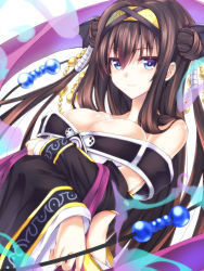 Rule 34 | 1girl, bare shoulders, beads, blue eyes, breast hold, breasts, brown hair, commentary, double bun, hair beads, hair between eyes, hair ornament, hairband, highres, kurokawa (silve), large breasts, light smile, long hair, looking at viewer, off shoulder, rinne (sennen sensou aigis), sennen sensou aigis, solo, two side up, upper body, wide sleeves