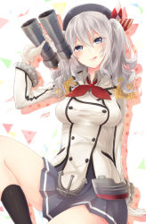 Rule 34 | 10s, 1girl, binoculars, blue eyes, breasts, epaulettes, female focus, gloves, hat, highres, kantai collection, kashima (kancolle), large breasts, military, military uniform, miniskirt, nano (cherry line), pleated skirt, silver hair, skirt, smile, solo, twintails, uniform