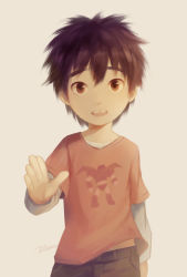 Rule 34 | 1boy, artist name, big hero 6, black hair, brown eyes, child, cowboy shot, hiro hamada, looking at viewer, male focus, noeyebrow (mauve), open mouth, short hair, simple background, solo