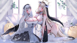 Rule 34 | 2girls, absurdly long hair, all fours, asymmetrical docking, azur lane, bare shoulders, between breasts, black dress, black footwear, blonde hair, blush, breast press, breasts, cleavage, dress, elbow gloves, fake horns, flower, full body, gloves, hair between eyes, halo, hand on own ear, high heels, highres, horns, huge breasts, implacable (azur lane), indoors, kneeling, layered dress, long hair, looking at viewer, manjuu (azur lane), mechanical halo, multiple girls, mytenchi, navel, pelvic curtain, red eyes, revealing clothes, rose, scylla (azur lane), shoes, sleeveless, sleeveless dress, smile, thighhighs, two-tone dress, very long hair, white dress, white flower, white gloves, white hair, white horns, white rose, white thighhighs