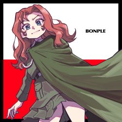 Rule 34 | 1girl, absurdres, black border, black necktie, blue eyes, bonple military uniform, border, cape, closed mouth, dress, dutch angle, girls und panzer, green cape, green jacket, green skirt, highres, jacket, long hair, long sleeves, looking at viewer, maiko (girls und panzer), miniskirt, nakachiruno, necktie, parted bangs, pleated skirt, red hair, shirt, skirt, smile, solo, standing, white shirt, wing collar