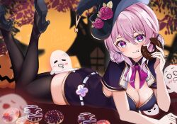 Rule 34 | 1girl, absurdres, alternate breast size, alternate costume, black footwear, black headwear, black thighhighs, blue eyes, blush, breasts, cleavage, commentary, commentary request, doughnut, eating, english commentary, food, food bite, food on face, full body, halloween, halloween costume, high heels, highres, honkai: star rail, honkai (series), large breasts, lying, march 7th (honkai: star rail), medium hair, mixed-language commentary, on stomach, parika, pink eyes, pink hair, pumps, signature, solo, thighhighs, two-tone eyes, zettai ryouiki