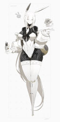 Rule 34 | 1girl, android, animal, animal ears, black horns, black skin, breasts, card, colored skin, deck of cards, eurica (ub1mo), fake animal ears, full body, highres, horns, jacket, joints, large breasts, leotard, looking at viewer, mechanical arms, multicolored skin, no feet, open clothes, open jacket, original, playboy bunny, poker chip, rabbit ears, robot joints, skeleton, smile, solo, speech bubble, spoken animal, strapless, strapless leotard, see-through body, two-tone skin, ub1mo, white jacket, white skin