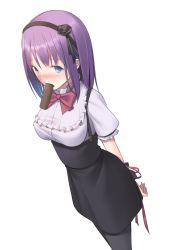 Rule 34 | 10s, 1girl, arms behind back, bdsm, blue eyes, blush, bondage, bound, bound wrists, breasts, chiiio, covered erect nipples, cowboy shot, dagashi kashi, dutch angle, food, food request, hairband, high-waist skirt, large breasts, long hair, looking at viewer, meme attire, mouth hold, pantyhose, purple hair, shidare hotaru, skirt, solo, standing, underbust, virgin killer outfit