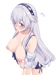 Rule 34 | 1girl, absurdres, airseal, blush, breasts, calabiyau, dress, grey hair, highres, large breasts, looking at viewer, nipples, purple eyes, simple background, solo, white background, white dress