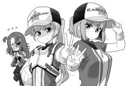 Rule 34 | 3girls, absurdres, blunt bangs, character request, chest protector, commentary request, dodgeball, greyscale, hat, high ponytail, highres, long hair, mochizuki momiji, monochrome, multiple girls, new game!, official art, one side up, short hair, short sleeves, suzukaze aoba, tokunou shoutarou, v, white background, wristband