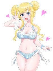 Rule 34 | 1girl, bikini, blonde hair, blue bikini, blue eyes, blue nails, blush, breasts, cleavage, collarbone, commentary request, double bun, hair bun, heart, highres, idolmaster, idolmaster cinderella girls, large breasts, long hair, looking at viewer, nail polish, navel, ohtsuki yui, open mouth, osage gankyou, simple background, smile, solo, swimsuit, wavy hair, white background