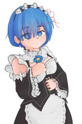 Rule 34 | 1girl, apron, black sleeves, blue eyes, blue flower, blue hair, breasts, closed mouth, detached sleeves, dress, eye contact, eyes visible through hair, flower, frilled apron, frilled sleeves, frills, hair ornament, hair over one eye, hair ribbon, hairclip, highres, holding, holding flower, juliet sleeves, long sleeves, looking at another, looking at viewer, maid, maid headdress, medium breasts, puffy sleeves, re:zero kara hajimeru isekai seikatsu, rem (re:zero), ribbon, ribbon-trimmed clothes, ribbon-trimmed collar, ribbon-trimmed sleeves, ribbon trim, short hair, simple background, sleeves past wrists, smile, solo, standing, telamoxy, white apron, white background, white flower, wide sleeves, x hair ornament
