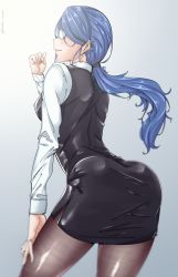 Rule 34 | 1girl, absurdres, ass, blue hair, from side, girls&#039; frontline, glasses, grey background, hair tie, highres, k11 (girls&#039; frontline), long hair, nym+ (nymplus), office lady, pantyhose, ponytail, skirt, smile, solo