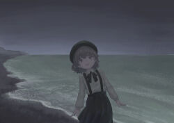 Rule 34 | 1girl, absurdres, arms at sides, beach, beret, black hat, black ribbon, black skirt, brown eyes, collared shirt, commentary request, cowboy shot, grey sky, half-closed eyes, hat, hatoba tsugu, highres, leaning to the side, light blush, light brown hair, long sleeves, looking at viewer, mizumori sekizai, neck ribbon, ocean, open mouth, outdoors, pleated skirt, raised eyebrows, ribbon, shirt, shirt tucked in, short hair, single hair ring, skirt, sky, smile, solo, suspender skirt, suspenders, tsugu (vtuber), virtual youtuber, white shirt