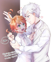 Rule 34 | 1boy, 1girl, ahoge, blue eyes, closed mouth, emma (yakusoku no neverland), green eyes, highres, holding, long sleeves, looking at viewer, multiple boys, neck tattoo, norman (yakusoku no neverland), number tattoo, open mouth, orange hair, pants, shirt, short hair, simple background, smile, tattoo, tp82n1r, white hair, white shirt, yakusoku no neverland