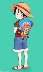 Rule 34 | &gt; &lt;, 2boys, :d, antlers, aqua background, back, back-to-back, backpack, bag, bandaid, bandaid on cheek, bandaid on face, bandaid on knee, bandaid on leg, black eyes, black hair, blue bag, blue headwear, blue shorts, blush, carrying, carrying person, closed eyes, closed mouth, facial scar, full body, hat, highres, hooves, horns, looking back, male focus, monkey d. luffy, multiple boys, one piece, open mouth, orange shorts, pokesumomo, red vest, reindeer, reindeer antlers, sandals, scar, scar on cheek, scar on face, short hair, shorts, simple background, smile, straw hat, striped tank top, tank top, tony tony chopper, vest, yellow tank top
