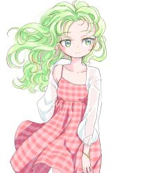 1girl adapted_costume aged_down bare_shoulders bracelet collarbone dress flower_bracelet green_eyes green_hair jacket jewelry kazami_yuuka kazami_yuuka_(pc-98) long_hair plaid_clothes plaid_dress red_dress s-a-murai see-through smile solo touhou touhou_(pc-98) wavy_hair white_background white_jacket