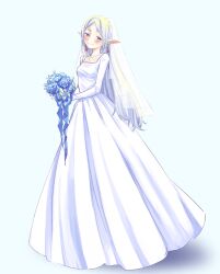 Rule 34 | 1girl, alternate hairstyle, banana (8771207), blue flower, blue rose, blush, bouquet, commentary request, dangle earrings, dress, earrings, elf, flower, frieren, full body, green eyes, hair down, half-closed eyes, highres, holding, holding bouquet, jewelry, long sleeves, parted bangs, pointy ears, rose, smile, solo, sousou no frieren, standing, wedding dress, white background, white hair, white veil