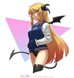 Rule 34 | 1girl, black panties, black thighhighs, blonde hair, blush, borrowed character, breasts, commentary, cropped legs, demon girl, demon tail, english commentary, female focus, hair ribbon, hands in pockets, highres, jacket, long hair, looking at viewer, mini wings, mleth, original, panties, pointy ears, ribbon, solo, tail, thighhighs, underwear, very long hair, watermark, web address, white background, wings, yellow eyes