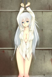 Rule 34 | 10s, 1girl, bad id, bad pixiv id, bdsm, blue eyes, bondage, bottomless, bound, breasts, chain, cleavage, covered erect nipples, highres, kaiten nekohige, la folia rihavein, large breasts, long hair, naked shirt, no pants, open mouth, shirt, strike the blood, white hair