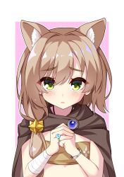 Rule 34 | 1girl, alternate costume, animal ear fluff, animal ears, bandaged arm, bandages, blush, bracelet, brown cloak, cloak, colored eyelashes, commentary request, eyes visible through hair, fingernails, fist in hand, furrowed brow, green eyes, hair between eyes, hair ornament, hands up, highres, jewelry, light brown hair, long hair, looking at viewer, mikuni sairi, necklace, open mouth, own hands together, pink background, ring, sesen2000, shy, side ponytail, simple background, solo, star (symbol), star hair ornament, straight-on, tenshi souzou re-boot!, upper body, upturned eyes, white background, wolf ears, wolf girl