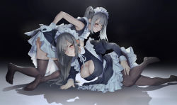 Rule 34 | 2girls, alternate costume, apron, bent over, black legwear, breasts, cleavage, clothes lift, enmaided, feet, grey hair, guihuo inferno, highres, kneeling, large breasts, leaning forward, looking at viewer, maid, maid apron, maid headdress, multiple girls, original, pantyhose, red eyes, skirt, skirt lift, soles, thighhighs, thighs