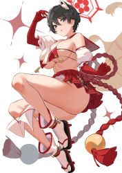 1girl, animal ears, banned artist, black eyes, black hair, blue archive, breasts, full body, gloves, hair between eyes, hand up, highres, icomochi, large breasts, legs, pleated skirt, red gloves, red sailor collar, red skirt, sailor collar, short hair, skirt, solo, tabi, thighs, tsubaki (p&amp;d), underboob