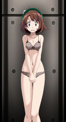 Rule 34 | 1girl, against wall, bare arms, bare legs, black ribbon, bra, breasts, brown eyes, brown hair, cleavage, collarbone, covering crotch, covering privates, creatures (company), game freak, gloria (pokemon), green headwear, grey bra, grey panties, highres, looking at viewer, navel, nintendo, open mouth, panties, pokemon, pokemon swsh, ribbon, ribbon bra, short hair, small breasts, solo, standing, sweatdrop, thigh gap, tsukishiro saika, underwear, underwear only, wavy mouth