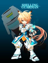 Rule 34 | 1boy, aqua eyes, armor, bad id, bad pixiv id, blonde hair, blue background, boots, cannon, cartridge, character name, chung seiker, elsword, full body, gauntlets, gloves, greaves, hair flaps, huge weapon, long hair, male focus, pants, sapphire (nine), shelling guardian (elsword), smile, solo, weapon