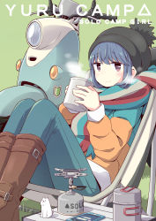 Rule 34 | 1girl, aqua pants, beanie, black hat, blue hair, blush, boots, brown footwear, cellphone, chair, closed mouth, coat, copyright name, english text, figure, from side, grey background, hat, holding, long sleeves, motor vehicle, pants, phone, purple eyes, scarf, shima rin, shoshinsha mark, sitting, smartphone, smile, solo, steam, striped clothes, striped scarf, vincent (hiyakuen), yurucamp