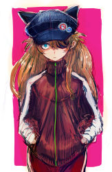 Rule 34 | 10s, 1girl, animal ears, animal hat, badge, black hat, blue eyes, bodysuit, boyaking, brown hair, button badge, cabbie hat, closed mouth, cowboy shot, evangelion: 3.0 you can (not) redo, eyepatch, fake animal ears, frown, hair ornament, hair over one eye, hands in pockets, hat, hat ornament, hat with ears, jacket, long hair, long sleeves, looking at viewer, neon genesis evangelion, outside border, pilot suit, pink background, plugsuit, pocket, rebuild of evangelion, red jacket, shaded face, simple background, single vertical stripe, sketch, skull print, solo, souryuu asuka langley, standing, track jacket, turtleneck, two side up, zipper