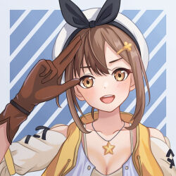 Rule 34 | 1girl, atelier (series), atelier ryza, atelier ryza 1, beret, black bow, blue background, bow, breasts, brown eyes, brown gloves, brown hair, chunjiu, cleavage, collarbone, dot nose, gloves, hair ornament, hairclip, hand up, hat, hat bow, highres, jacket, jewelry, large breasts, light blush, looking at viewer, necklace, open clothes, open jacket, open mouth, portrait, reisalin stout, salute, shirt, short hair with long locks, short sleeves, simple background, sleeveless, sleeveless jacket, spaghetti strap, star (symbol), star necklace, teeth, two-finger salute, two-tone background, upper teeth only, white background, white hat, white shirt, yellow jacket
