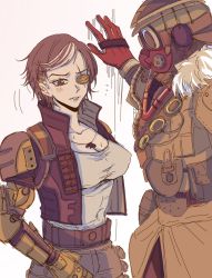 Rule 34 | 1girl, 1other, ambiguous gender, animification, apex legends, belt, black belt, bloodhound (apex legends), blush, breasts, brown hair, brown pants, cable, cleavage, eyepatch, fur trim, fuse (apex legends), genderswap, genderswap (mtf), gloves, goggles, grey hair, grey tank top, helmet, highres, jewelry, kabedon, mechanical arms, medium breasts, multicolored hair, necklace, one eye covered, pants, rebreather, red eyes, red gloves, scar, scar across eye, scar on face, short hair, single mechanical arm, streaked hair, tank top, tu tu (ouxiyan)