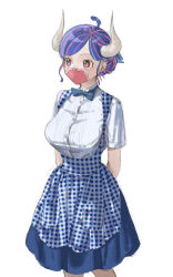 Rule 34 | 1girl, absurdres, ahoge, alternate costume, alternate hairstyle, apron, arms behind back, blouse, blue bow, blue bowtie, blue hair, blue skirt, bow, bowtie, breasts, buttons, gingham apron, highres, horns, kobeya uniform, large breasts, mask, mouth mask, multicolored hair, one piece, pink eyes, pink hair, shirt, short sleeves, simple background, skirt, solo, streaked hair, ulti (one piece), urasanmyaku, waitress, white background