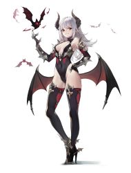Rule 34 | 1girl, absurdres, bare shoulders, bat (animal), black footwear, black leotard, boots, breasts, breasts apart, chukibabo2, claw ring, cleavage cutout, clothing cutout, covered navel, demon girl, demon horns, demon wings, earrings, elbow gloves, full body, gloves, grey hair, grin, hair between eyes, hand on own hip, high heel boots, high heels, highleg, highleg leotard, highres, horns, jewelry, leotard, long hair, low wings, medium breasts, original, pointy ears, red eyes, simple background, smile, solo, thigh boots, white background, wings