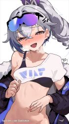 Rule 34 | 1girl, absurdres, artist name, bantomin, black bra, black jacket, blush, bra, breasts, breath, collarbone, crop top, crossed bangs, earclip, eyewear on head, fang, fur-trimmed jacket, fur trim, goggles, grey eyes, grey hair, highres, honkai: star rail, honkai (series), jacket, long hair, navel, off shoulder, open clothes, open jacket, open mouth, over-rim eyewear, ponytail, semi-rimless eyewear, shirt, silver wolf (honkai: star rail), simple background, small breasts, smile, solo, stomach, twitter username, underwear, upper body, white background, white shirt