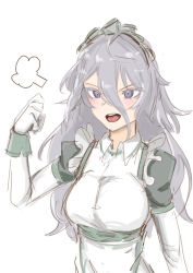 Rule 34 | 1girl, absurdres, apron, blush, breasts, dress, elbow gloves, fish dumplings, girls&#039; frontline, gloves, grey eyes, grey hair, hand up, highres, long hair, looking at viewer, maid, maid headdress, medium breasts, open mouth, solo, white background, white gloves, xm8 (girls&#039; frontline)