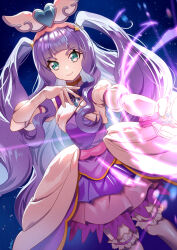 Rule 34 | 1girl, aqua eyes, commentary request, cure majesty, dress, elbow gloves, ellee-chan, eyelashes, gloves, hair ornament, happy, highres, hirogaru sky! precure, long hair, looking at viewer, magical girl, piyopuni0521, precure, purple background, purple dress, purple hair, smile, solo, standing, thighhighs, thighs, very long hair, white gloves