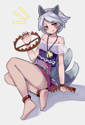 Rule 34 | 1girl, absurdres, animal ears, barefoot, blush, dog ears, dog tail, foothold trap, grey hair, guming diban, highres, looking at viewer, mitsugashira enoko, multicolored hair, multiple tails, no shoes, pantyhose, red eyes, soles, solo, tail, touhou, two-tone hair, unfinished dream of all living ghost