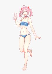 Rule 34 | 1girl, barefoot, bikini, blue bikini, rabbit, choker, collarbone, flat chest, full body, grey background, hair bobbles, hair ornament, highres, kantai collection, looking at viewer, navel, open mouth, pink eyes, pink hair, sazanami (kancolle), short hair, simple background, smile, standing, standing on one leg, swimsuit, teeth, twintails, upper teeth only, white wristband, wristband, yuuji (and)